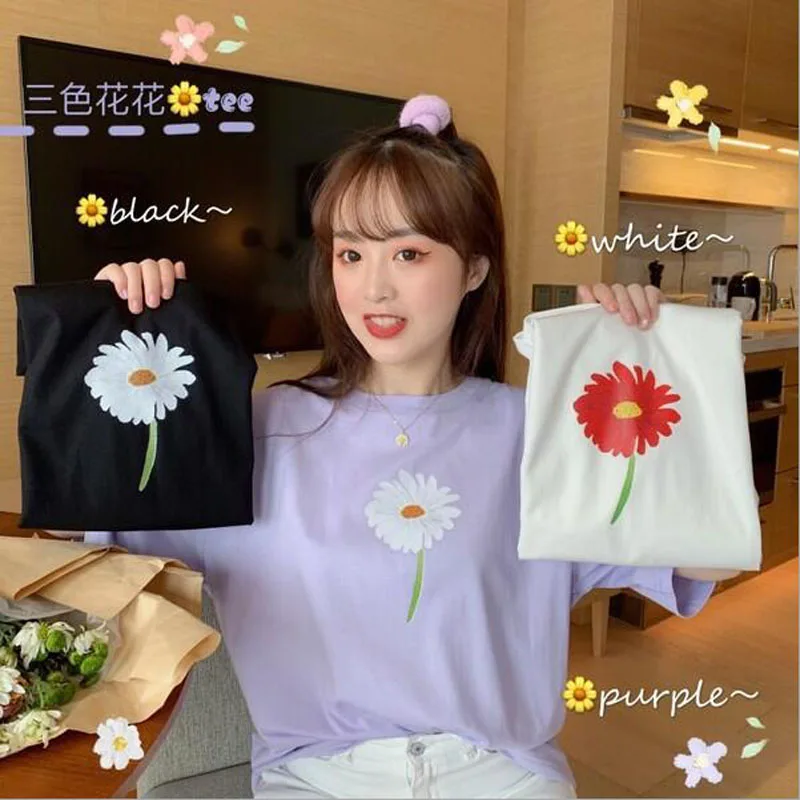 

Flower Print T shirt Women High Quality Short Sleeve Round Neck Knitted Tshirt Femme Cotton Spandex T-shirt Woman