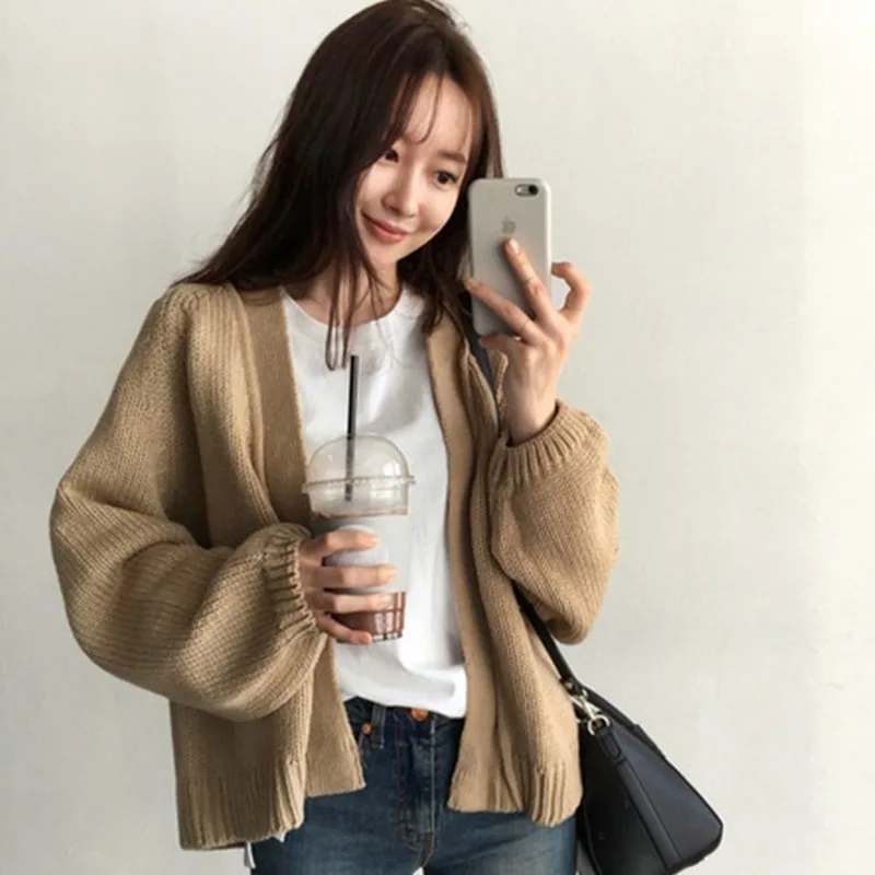 

Women Knitted Cardigans Sweater Fashion Spring Autumn Long Sleeve Loose Coat Korean Lazy Style Casual Cardigan Without Placket