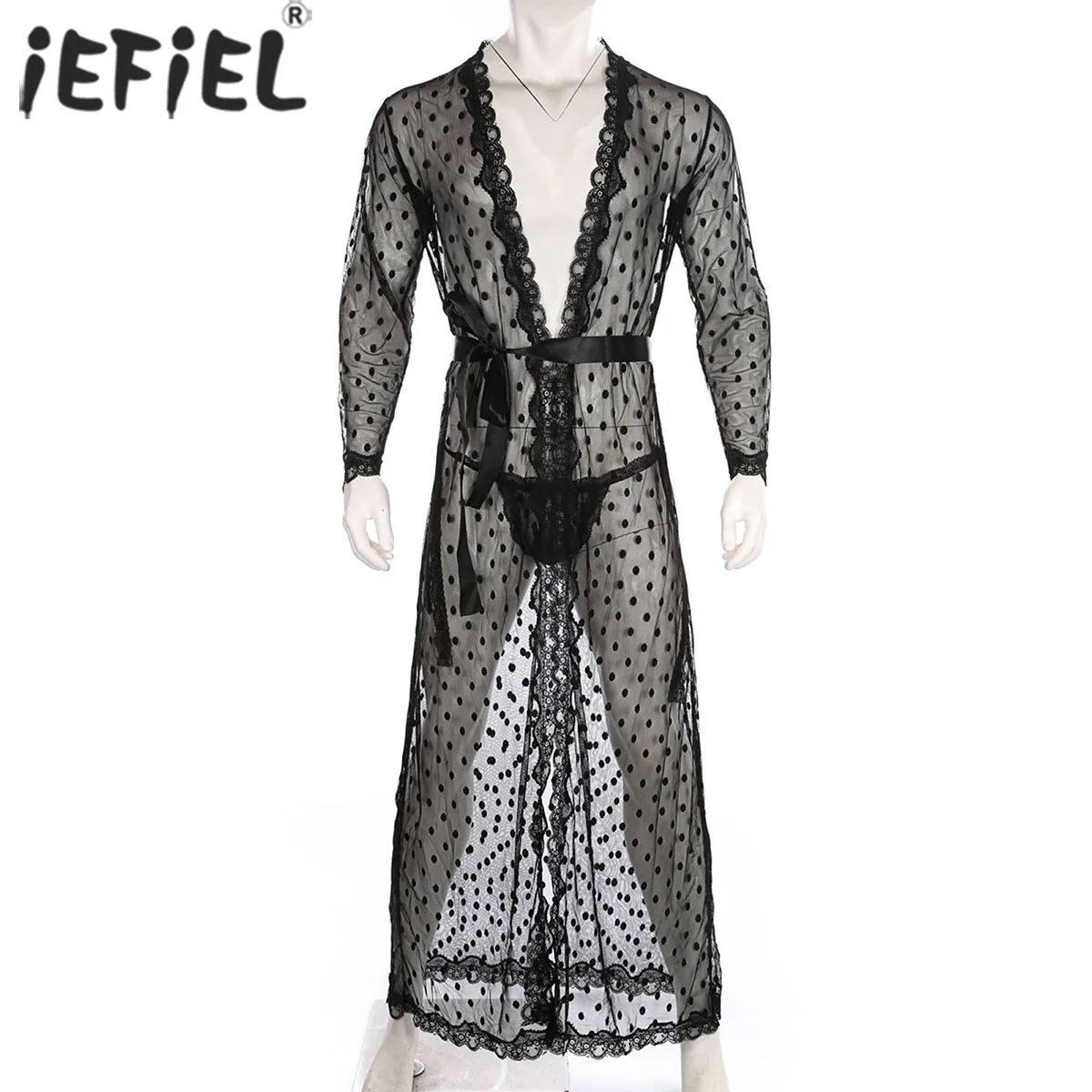 

Мужские модные прозрачные сетчатые кружевные Экзотические рубашки в горошек, костюмы, прозрачное ночное платье с трусами, сексуальное нижн...