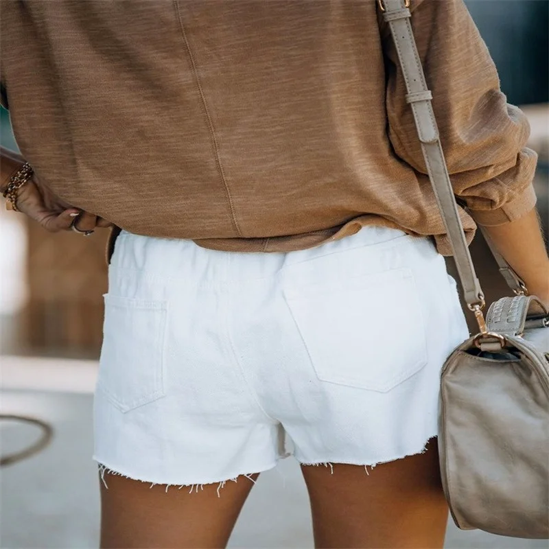 

Women's lace up elastic City casual wear hole denim shorts hot