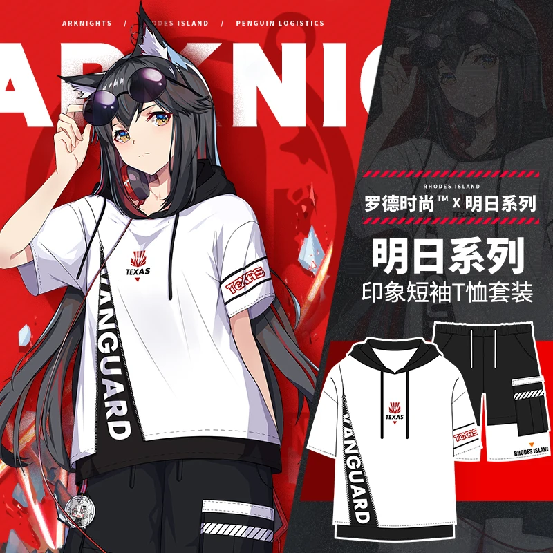 

Anime Arknights Texas Amiya Cosplay Casual Hooded T-shirt Pants Men Women Summer Short Sleeve Unisex Harajuku Loose Shorts Suit