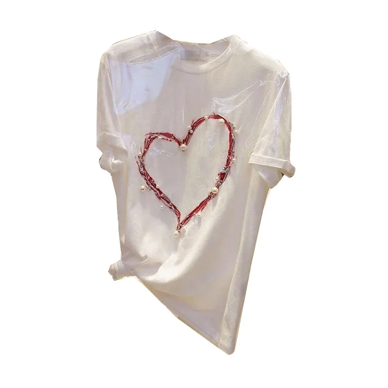 Футболка женская с бисером и принтом свободная Однотонная футболка в Корейском