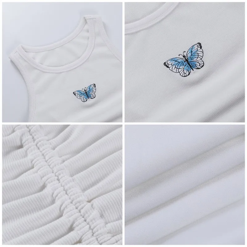 

Rib Knitted Drawstring Bodycon Dress For Women Summer Sleeveless O-Neck Mini Dresses Fashion Embroidery Vestidos 2021