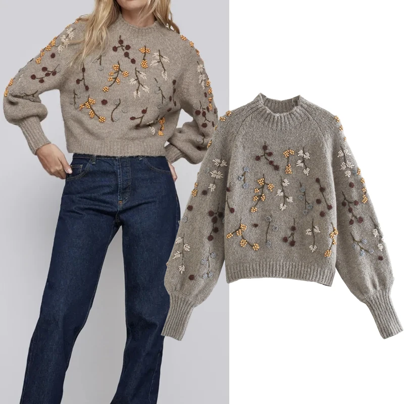 Свитер Женский вязаный с цветочной вышивкой длинным рукавом Осень-зима 2020 |