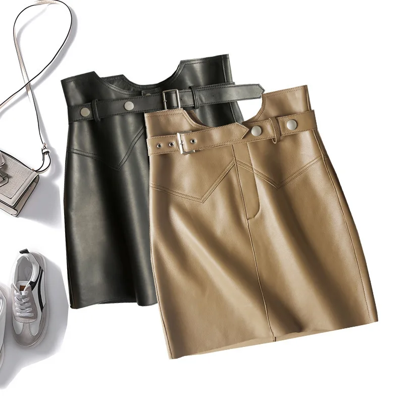 

2020 New Fashion Spring Autumn Genuine Leather Skirts Women Skeepskin High Waist A-line Office Ladies Mini Short Skirt Minishirt