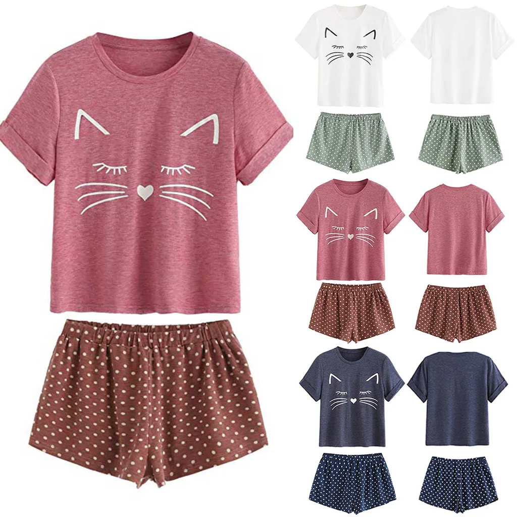 

Ladies cat short-sleeved pajamas set casual cat shorts short-sleeved ruffled T-shirt pajamas pajamas set 40*