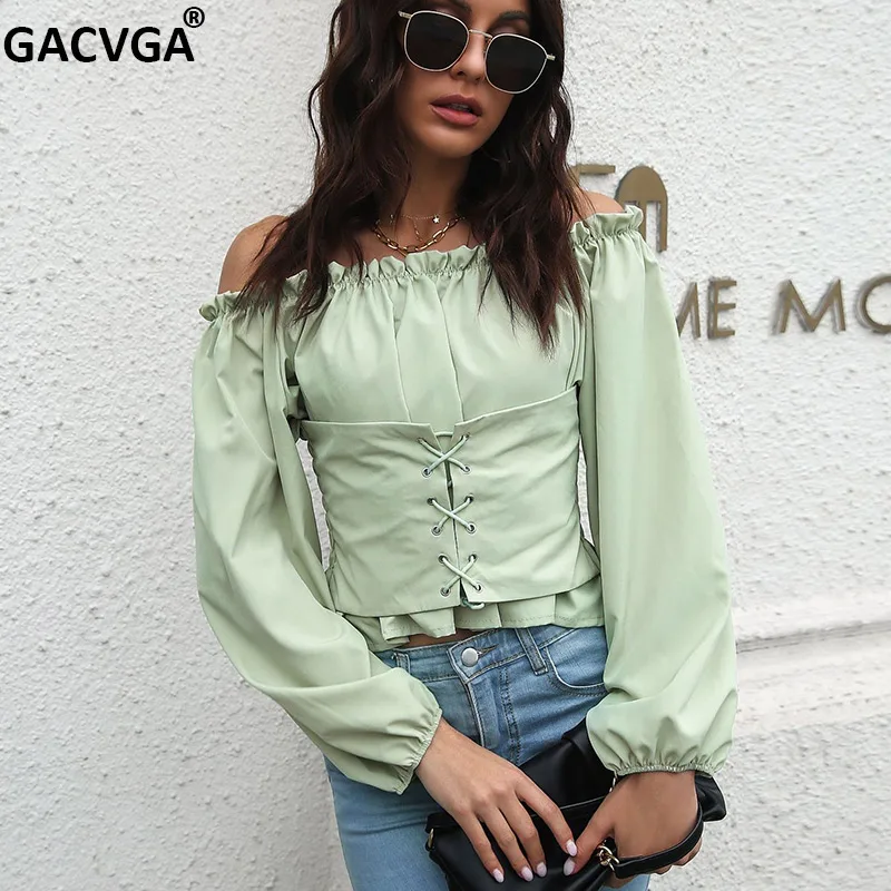 

GACVGA 2021 Autumn Winter Shirts With Sashes Elegant Blouse For Women Lantern Sleeve Blusas Sexy Tshirt Casual Party Crop Tops