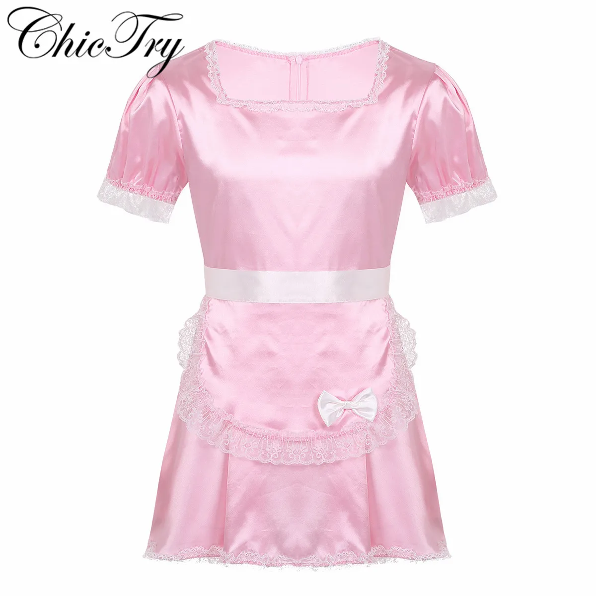 

2Pcs Male Mens Lingerie Cosplay Dress Adults Sissy Maid Costume Square Neck Short Sleeves Lace Hem Silky Satin Dress with Apron