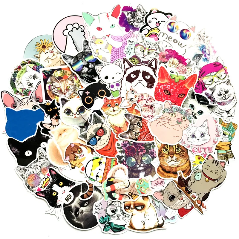 

25/50Pcs/lot Cute Cat Style Kitten Stickers For Computer Skateboard Fridge Bicycle PVC Waterproof Decal Stationery Stickers