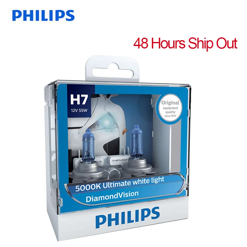 

Philips H7 12V 55W PX26d Diamond Vision, супер белый светильник 5000K, галогенные лампы, автоматический головной светильник, 100% оригинал 12972DV S2, пара