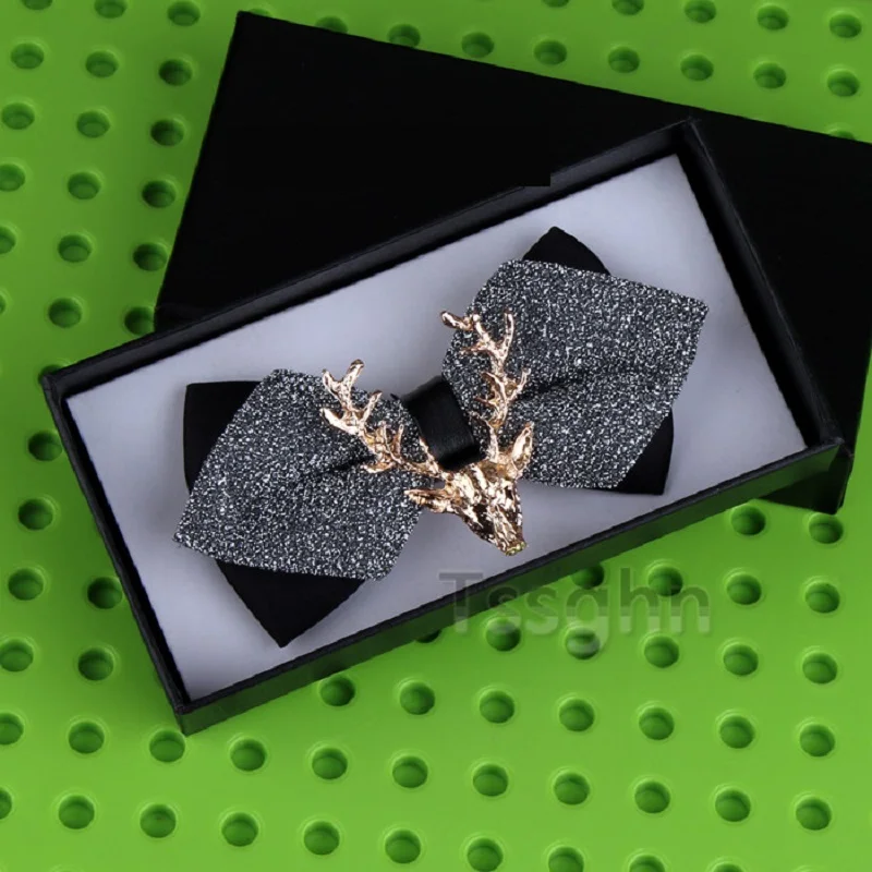 

2020 New Fashion Men's Bow Ties Wedding Double Fabric Deer Head Gray Purple BowTie Banquet Formal Butterfly Tie with Gift Box