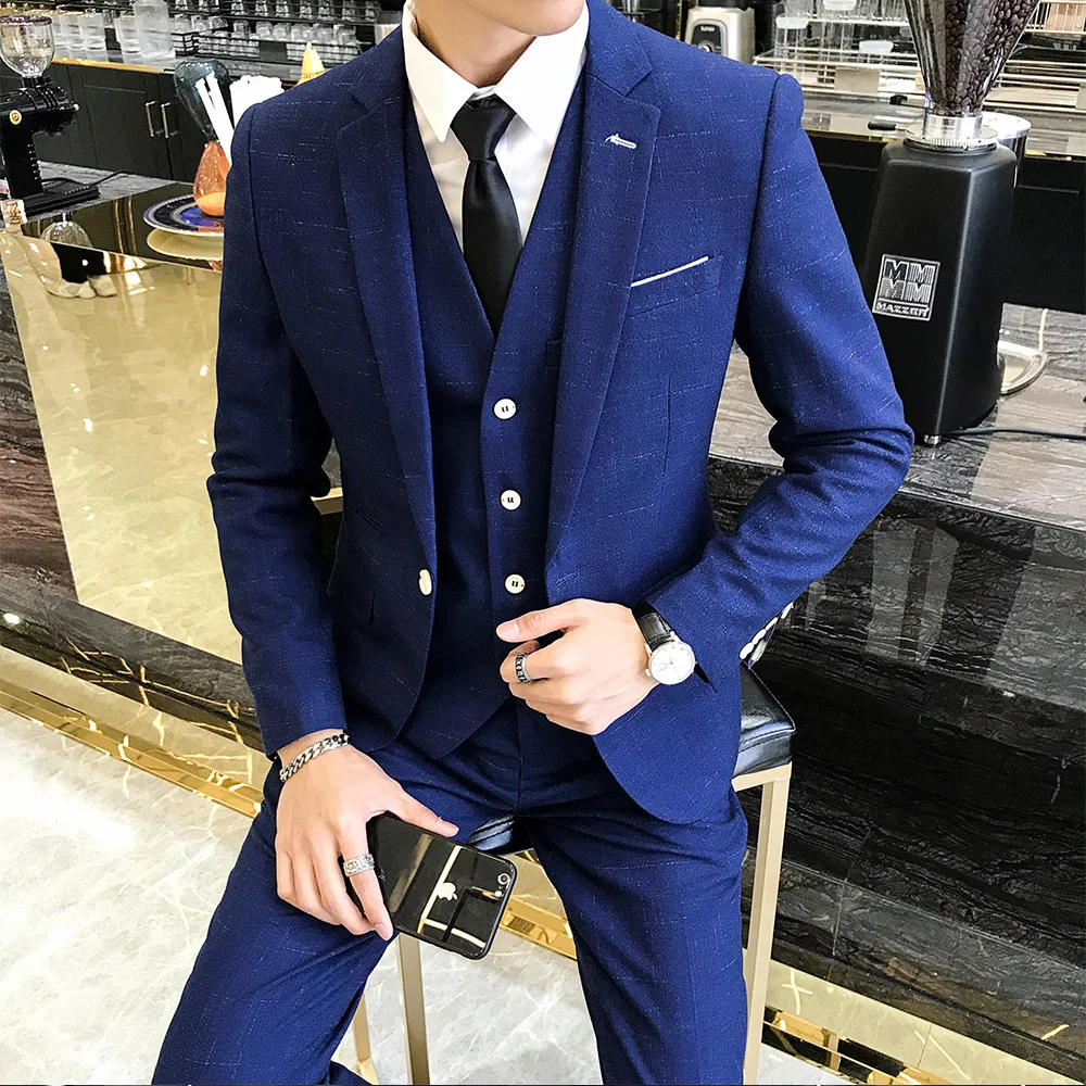 

2020 Autumn Male Rhombus Stripes Single Breasted Suit Set Fashion Boutique British Style Three Pieces Set Wedding Suits for Men