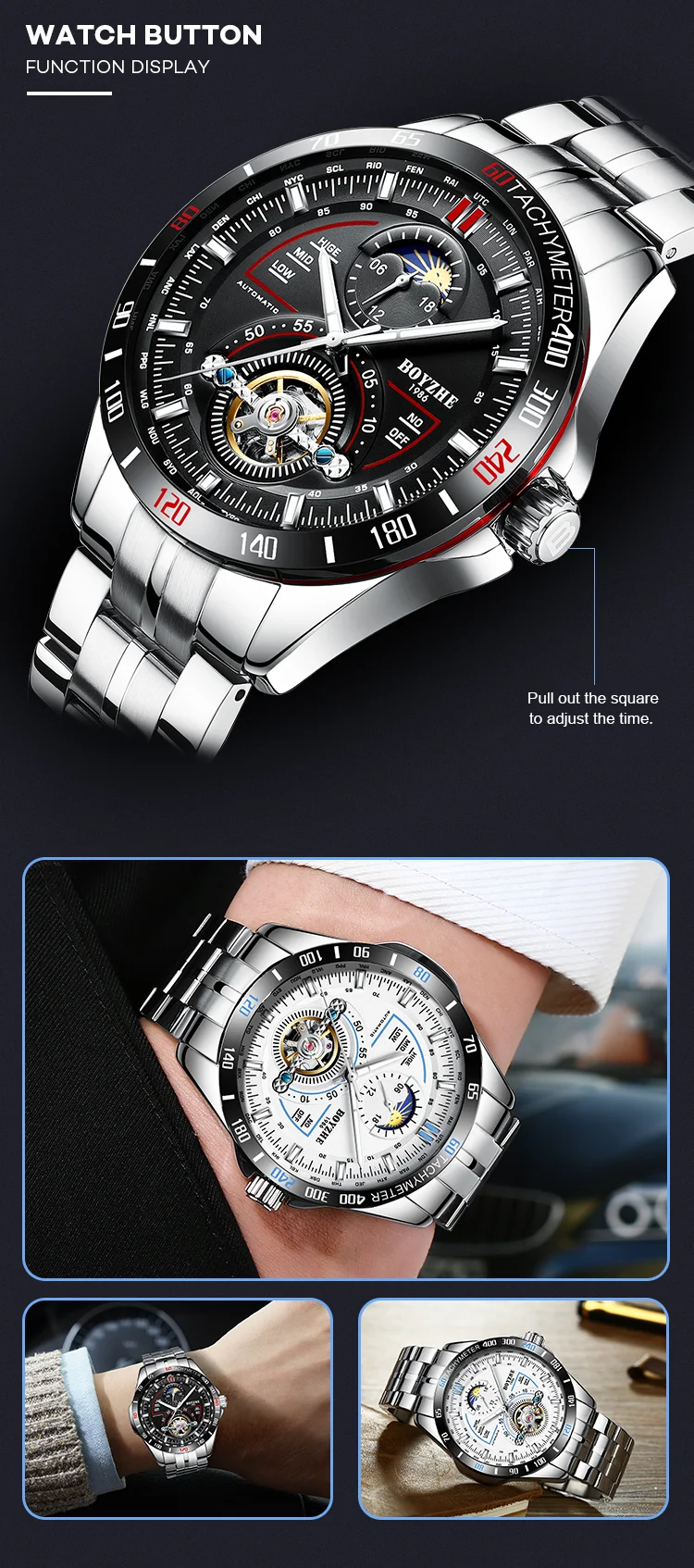 BOYZHE новые автоматические механические часы мужские Tourbillon часы Мужские 316 стальные часы 30 м водонепроницаемые спортивные часы светящиеся