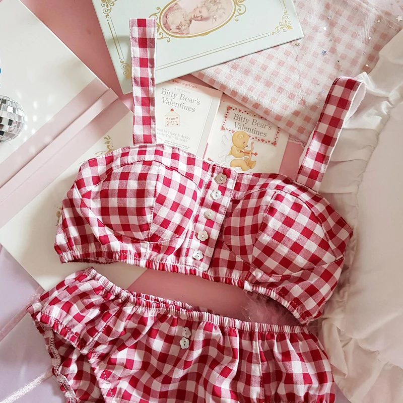 French Vintage Small Fresh Red Green Plaid Button Strapless Underwear Set Mori Girl Sexy Lolita Princess Bra & Brief Sets