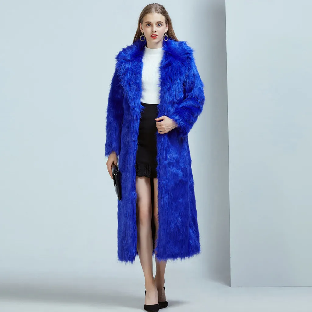 Blue Ladies Faux Fur Wool Lamb Long Coat Fashion Women Outwear Long Sleeves Warm Coat Plush Jacket Long Overcoat Solid Plus Size - Цвет: Blue
