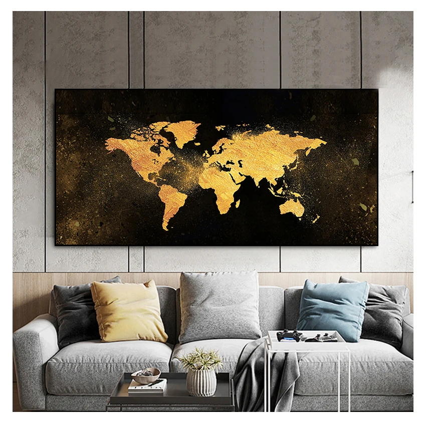 

canvas painting poster and printed Nordic Fresco picture room decoration Abstract black gold world map