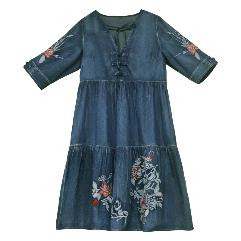 

Women Denim Dress Spring Fall Retro Embroidered Half Sleeve V-neck Midi Club Party Dresses TA82188