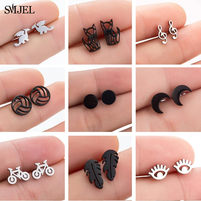

Multiple Black Stainless Steel Stud Earrings for Women Men Simple Volleyball Music Leaf Star Geometric Earings Jewelry Punk Gift