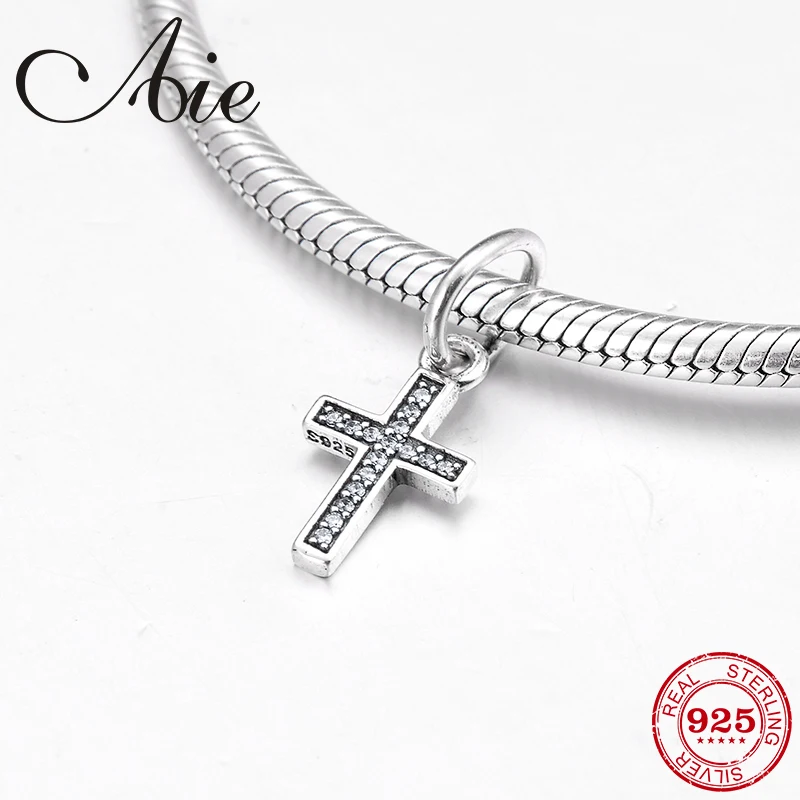 Модная Форма креста 925 стерлингового серебра CZ тонкой Подвески Бусины Подходят