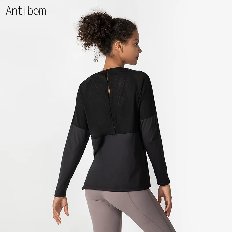 Antibom Women Sports Top Long Sleeve Loose Soft Hollow Out Fitness Yoga T-Shirt Breathable Running Quick-Dry Workout Gym Clothes