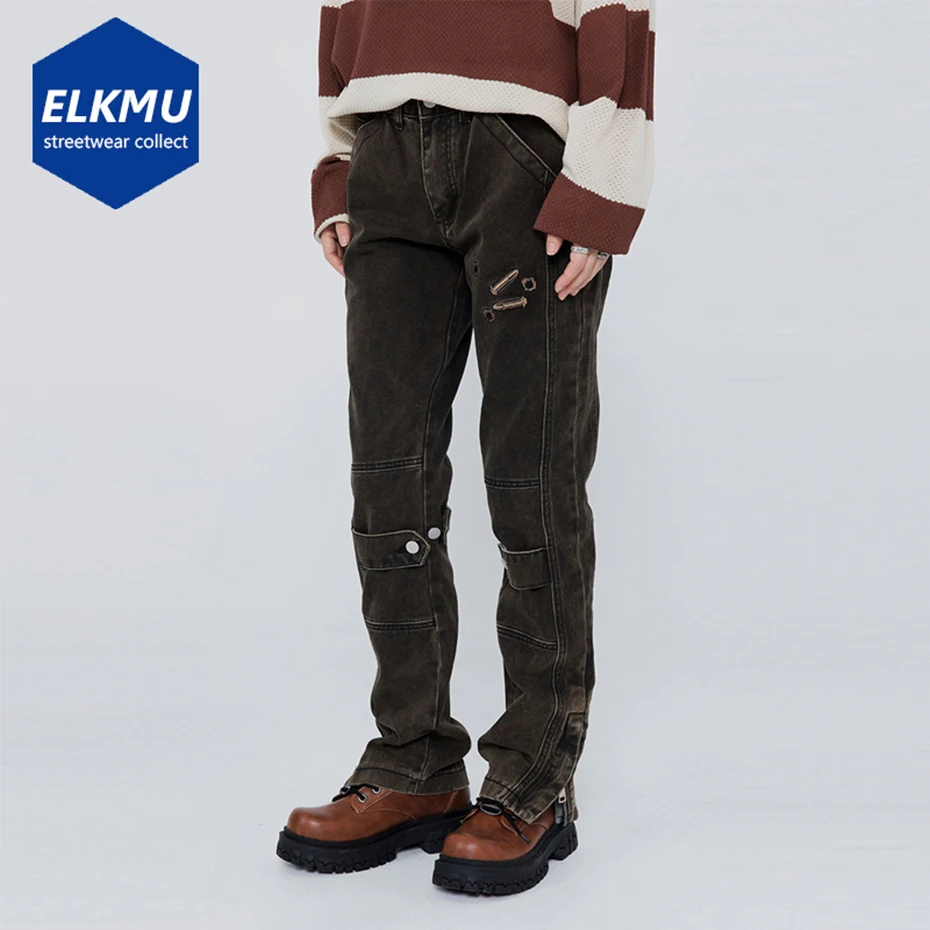 

Джинсы мужские с вышивкой, Модные зауженные джинсовые брюки в стиле ретро, прямые штаны на молнии, с пэчворком, уличная одежда в стиле Харадз...