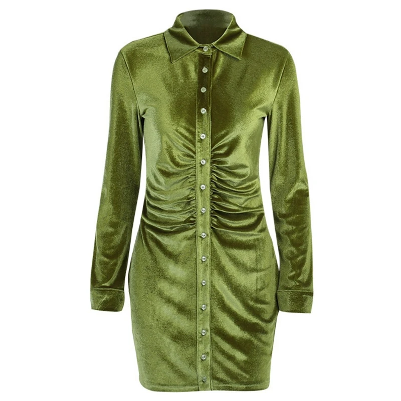 

Women Long Sleeve Velvet Lapel Button Down Ruched Front Slim Mini Shirt Dress L9BE