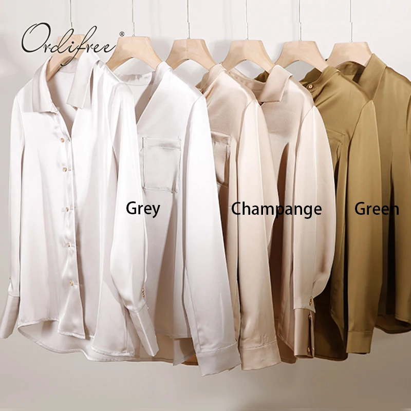 

Ordifree 2021 Spring Summer Women Satin Shirt Blouse Long Sleeve Casual Streetwear Silk Shirt Tops