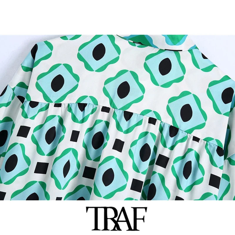 

TRAF Women Fashion Geometric Print Loose Asymmetric Blouses Vintage Long Sleeve Button-up Female Shirts Blusa Chic Tops