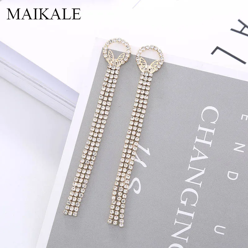 Женские длинные висячие серьги MAIKALE цепочки с цирконием и золотыми бабочками