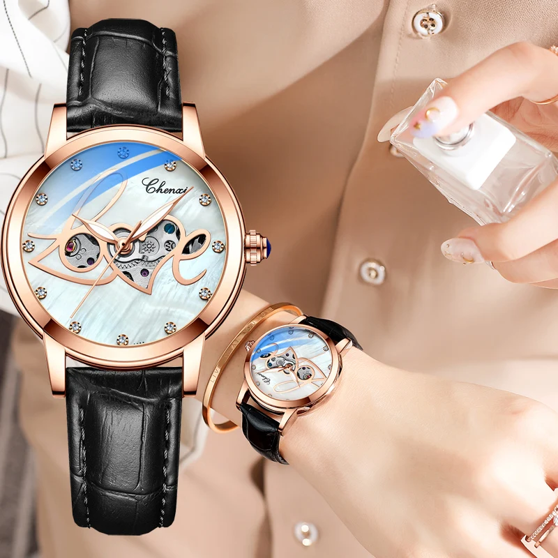 

High Quality CHENXI New Women Watches Ladies Luxury Fashion LOVE Hollow Out Female Automatic Mechanical Watch Relojes Para Mujer