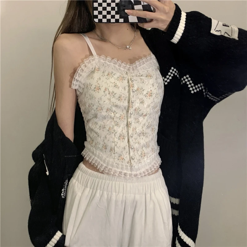 

Майка женская кружевная с оборками, милый пикантный винтажный регулируемый Топ с искусственным жемчугом, в стиле пэчворк