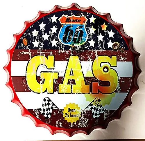 

Retro Sign Route 66 Gas Open 24 Hours Bottle Caps Retro Metal Tin Sign Diameter 13.8 Inches - Car Home Decor Bar Plaque Lounge