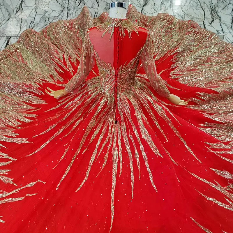 HTL795 muslim wedding dress with bridal veil beading pattern high neck long sleeves golden lace wedding gown red vestido novia