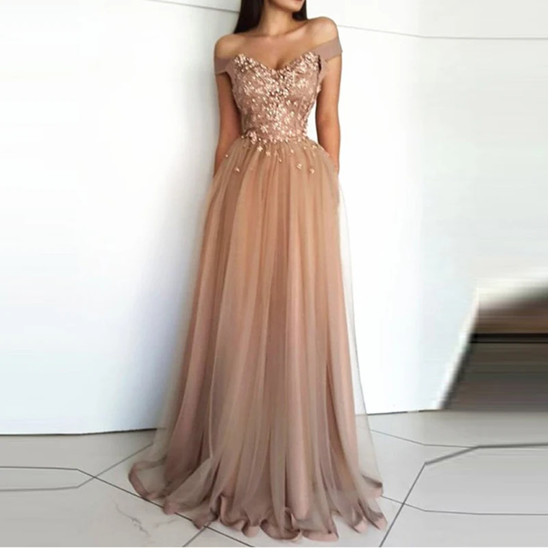 

Champagne Evening Dresses A-line 2021 Off the Shoulder Tulle Lace Appliques Flowers Long Prom Evening Gowns Robe De Soiree