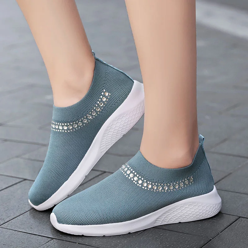

large size rhinestone sports women's shoes lightweight running students casual breathable fly woven mesh shoes platform shoes 43