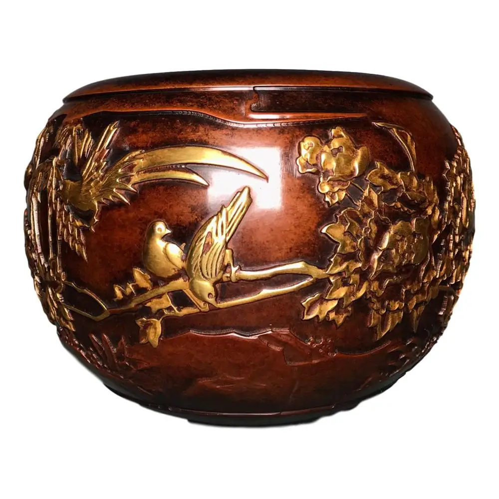 

LaoJunLu Red Copper Gilt Real Gold High Relief Flower Opening Rich Incense Burner Ornaments Imitation antique bronze