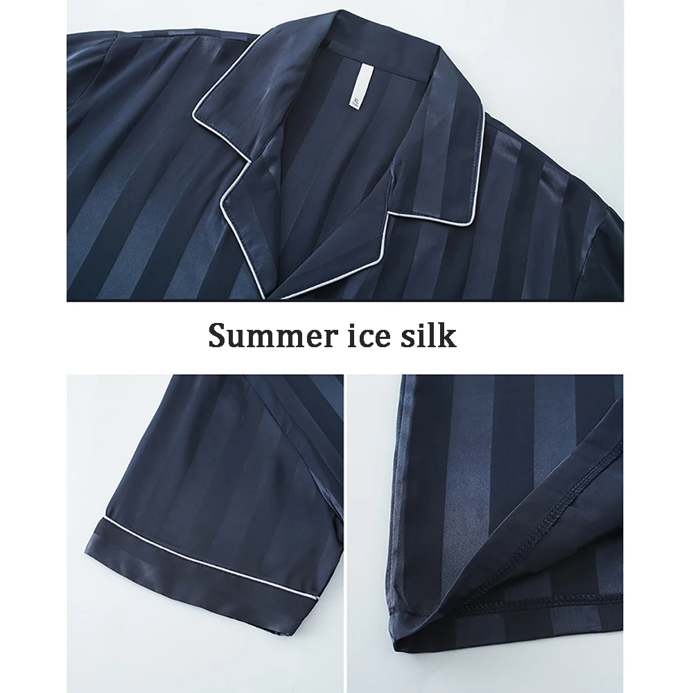 Summer Satin Silk Pajama Sets High Quality Skin-friendly Men Pajama Fashion Striped Pajamas With Embroidery Pocket Pyjama Sets