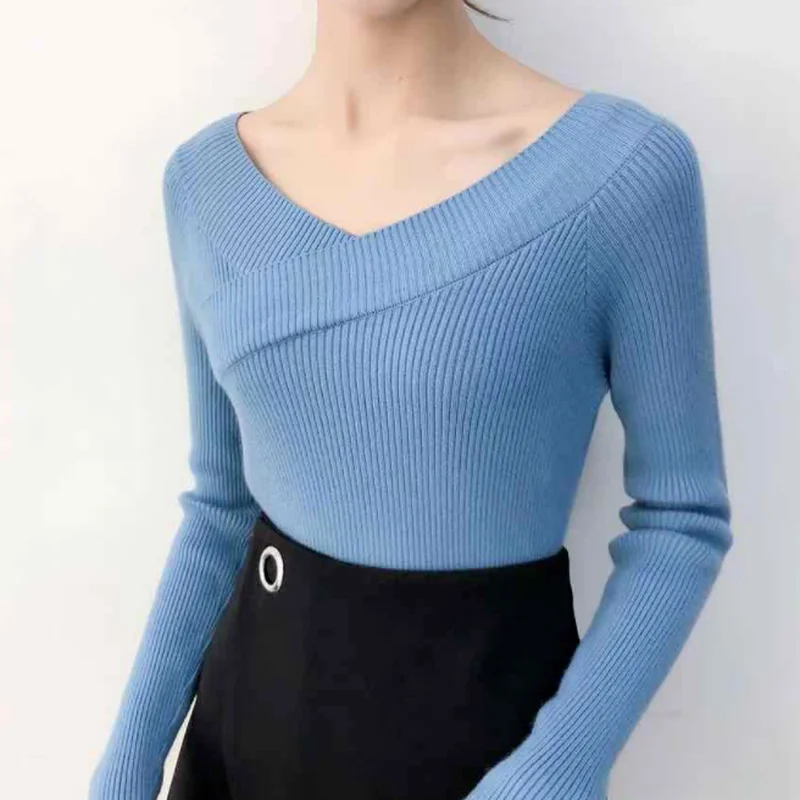 

2022 Autumn Sexy V-neck Sweater Fashion Pullover Long Sleeve Slim Sweater Pull Femme Chic Korean Bottoming Sweaters New 17515