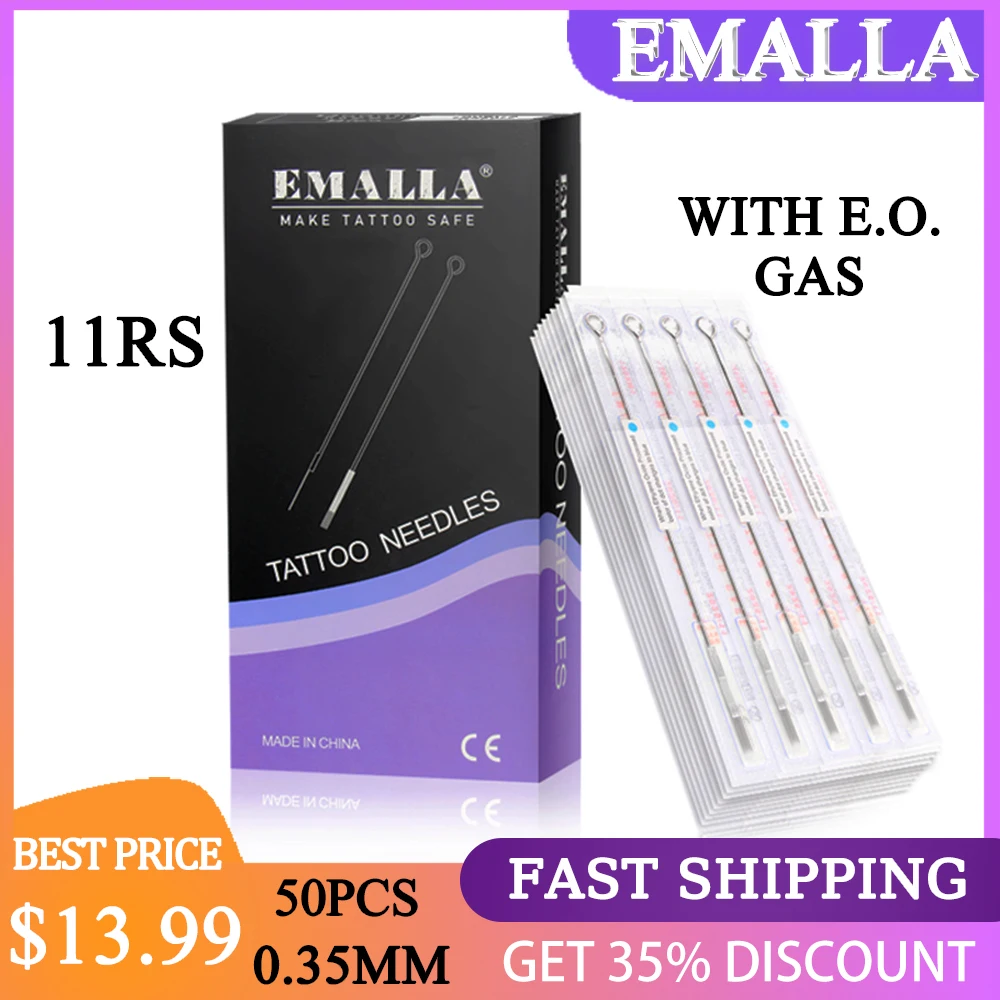 

EMALLA 50PCS 0.35mm 11RS Professional Tattoo Needles Disposable Assorted Sterile 11 Round Shader Needles for Tattoo Supplies