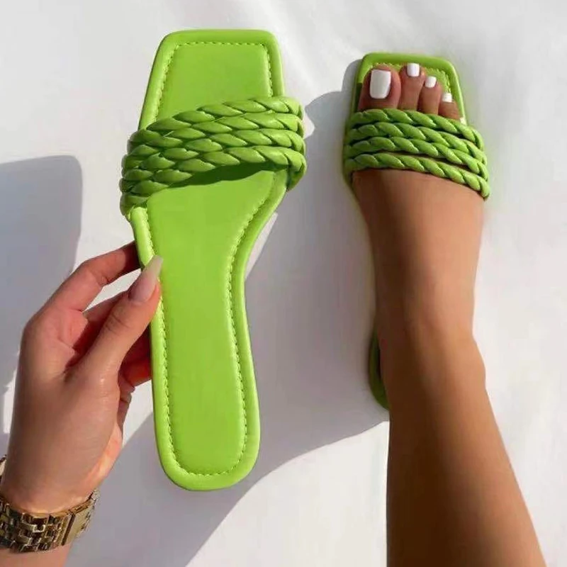 

Шлепанцы женские с квадратным носком, пляжная обувь с переплетением, однотонные, повседневные модные тапочки, сланцы, большие размеры, лето ...