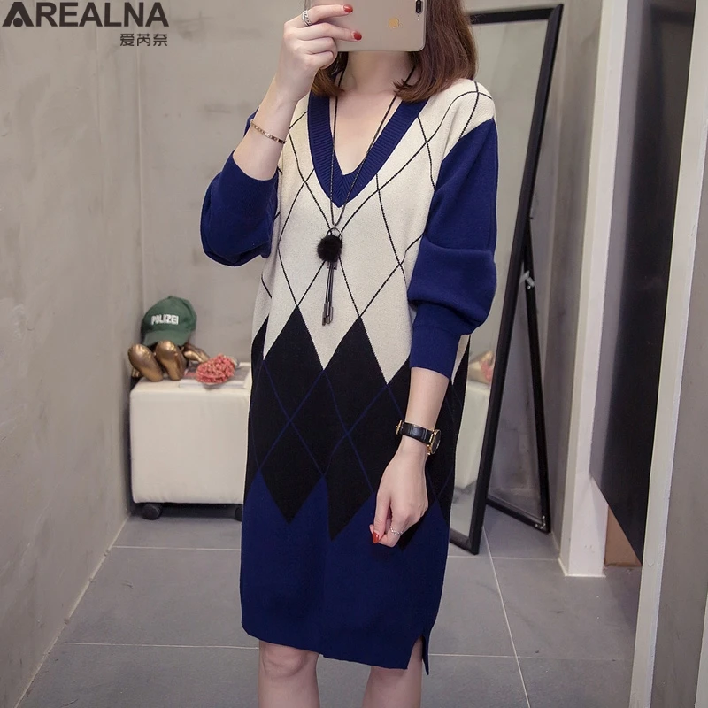 Эстетическое вязаный свитер с ромбами платье для женщин осень зима корейские