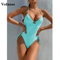 2021 sexy solid color one piece swimsuit women hollow out swimwear female halter cross strap beach bathing suit push up monokini