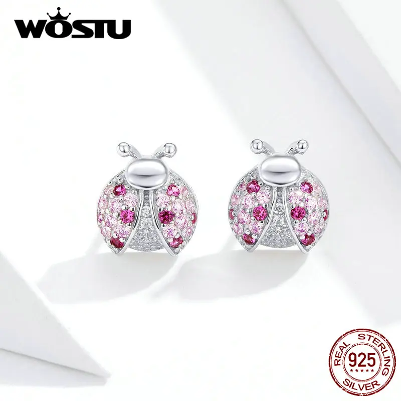 WOSTU 925 пробы серебро Божья коровка розовый циркон серьги-клипс серебро 925 ювелирные изделия для женщин Свадебные серьги, ювелирные изделия CQE715