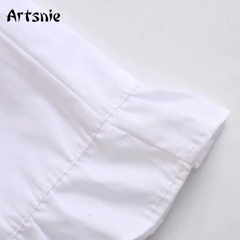 

Artsnie vintage button white short A line dress women summer square collar puff sleeve ruffles casual ladies dresses vestidos