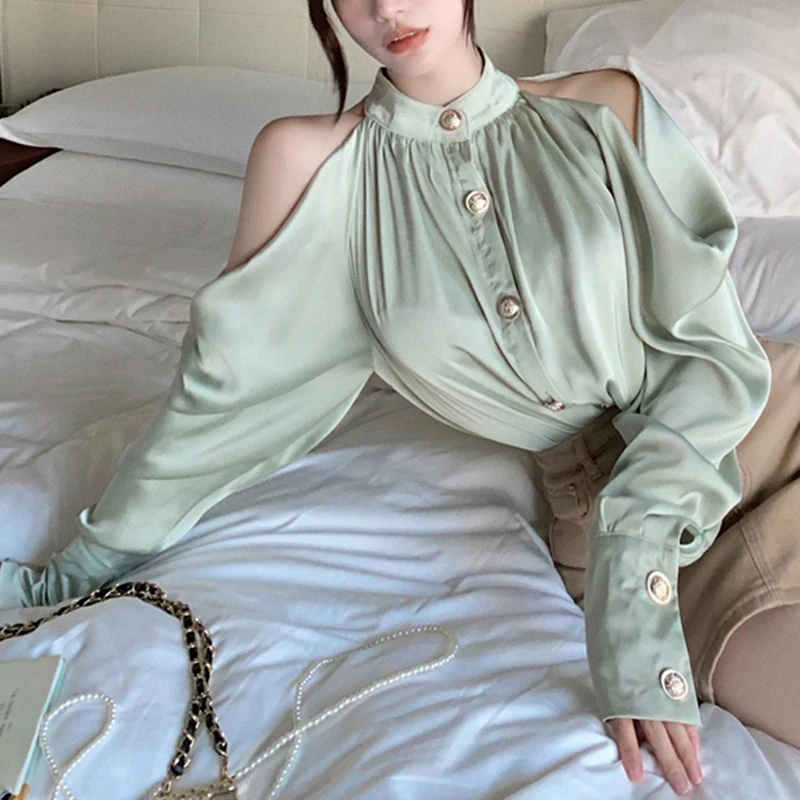 

Silk Satin Off Shoulder Button Shirt Women Autumn New Stand Long Sleeve Ladies Blouse Casual Fashion Solid Loose Tops Chic 16098