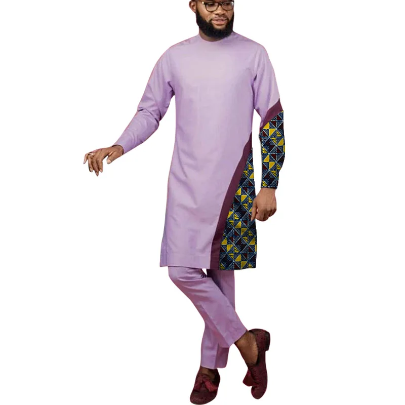 

Taro Purple Patchwork Men's Shirt With Solid Pant Nigerian Fashion Cotton Male Tops+Trousers African Wedding Outfits