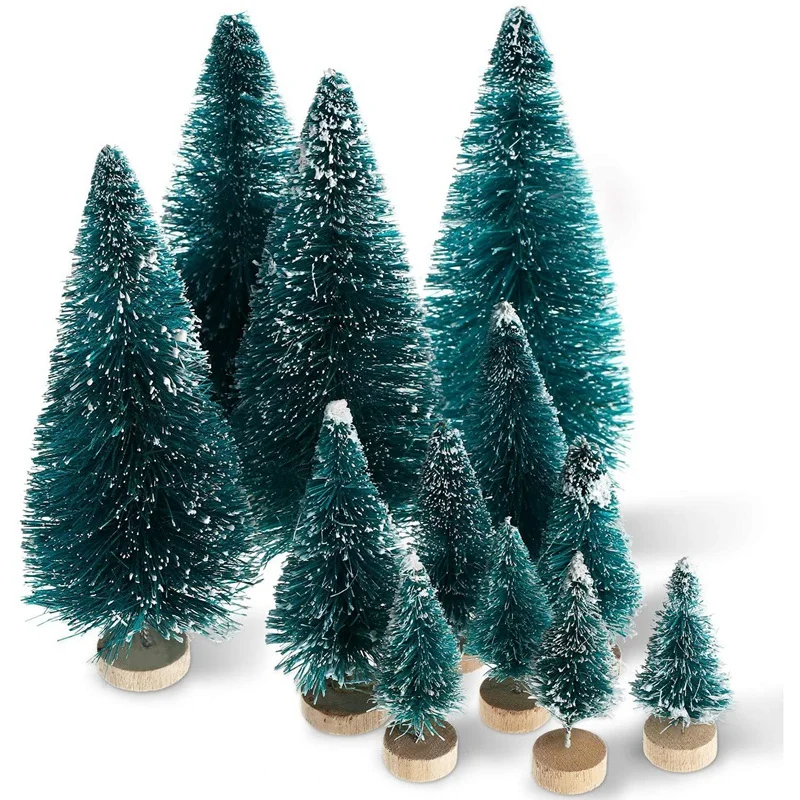 

60 Pieces Mini Sisal Snow Frost Trees Winter Pine with Wood Base Snow Ornaments Tabletop Trees for Christmas Decoration