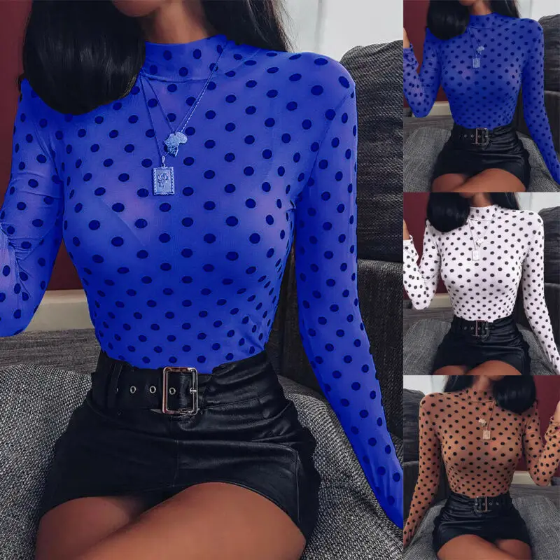 Женские Осенние футболки с длинным рукавом Облегающая водолазка в горошек