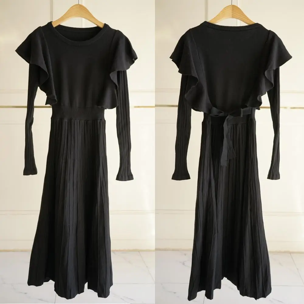 Осеннее Плиссированное трикотажное платье миди с круглым вырезом Kawai оборками и