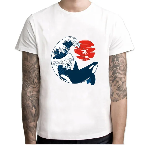 

Wave Whale Printed Short Sleeve Causal T-Shirt Graphic Round Neck Tops Tees